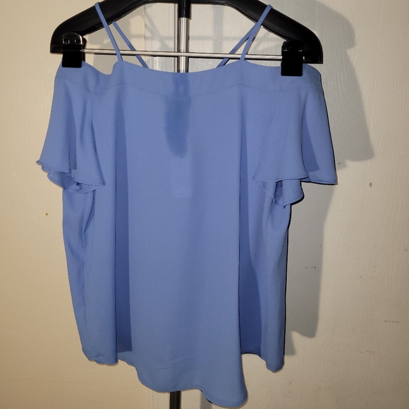NEW Express Medium Pale Blue Button-up Blouse w/ Off-the-Shoulder Drape Sleeves - Picture 10 of 11